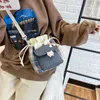 Evening Bags White Blush Bear Cuten Canvas Bucket Bag Women's 2022 Small Fresh Shoulder Versatile Student Lattice Messenger