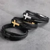 Charm Bracelets Stainless Steel Cross Genuine Leather Bracelet Adjustable Magnetic Clasp Multilayer Punk Style For Male Jewelry