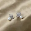 Stud -oorbellen Authentiek 925 Sterling Silver Earring Simple Crown Pearl Vol kristal voor vrouwen Girl Wedding Party Sieraden Gift