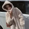 Cappotto da donna in pelliccia sintetica invernale da donna in coniglio sciolto lungo di grandi dimensioni con cappuccio sopra spesso caldo peluche femminile 220929