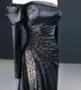 Elegant specialtillfällen klänningar från axelpärlor svart satin hög slitsparty klänning SM67153