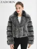 Womens Fur Faux ZADORIN Luxury Crop Top Coat Winter Lapel Long Sleeve Women Thick Fluffy Cropped Jacket 220929