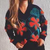 Automne hiver femmes mode nouveau pull Chic col en v à manches longues épaissir chaud tricoté pull femme lâche Crochet Floral pull