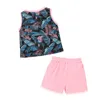 Clothing Sets Baby Girls Clothes Set Leaf Print Sleeveless O-neck Tops Solid Color Side Split Short Pants 1-5T