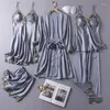 Roupas domésticas cetim sono sono 5pcs conjunto de túnicos femininos pijamas kimono banheira vestido de banho de renda solta roupas de lingerie roupas de lingerie