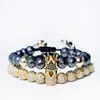 Strand Luxury King Crown Beads Bracelet Set For Men Classic Black Hematit 8mm Ball Copper Bracelets&Bangles Women Jewelry