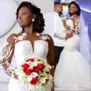 2022 Robes de mariée sirène africaine bijou cou illusion pleine dentelle appliques perles de cristal perles manches longues fleurs faites à la main robes de mariée robes de mariée grande taille