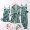 Home Clothing Autumn Velvet 4PCS Sleep Set Women Nightwear Sexy Lace Pajamas Casual Soft Kimono Robe Gown Sleepwear Loose Homewear