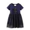 Flickaklänningar 2022 Summer Dark Blue Dress Costume For Baby Birthday Party Clothes With Beading Brodery Stars