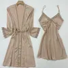 Women's Sleepwear Satin Silk Robe Set Sexy Kimono Bathrobe Gown Women 2PCS Intimate Lingerie 2022 Nightgown Home Clothes Nightwear