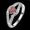 Wedding Rings Exquisite Flower-Shaped Garnet White Crystal Ring 925 Sterling Silver Engagement Size 8 R278