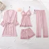 Ev Giyim Kadınlar Pijama Saten 4pcs Placeswear Çizgili Samimi İç çamaşırı Salonu Dantel Kimono Batrobe Elbise Yumuşak Nightwear PJS Set