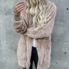 가짜 모피 가을 후드 오픈 스티치 코트 여성 솔리드 플러스 크기 테디 겨울 긴 소매 핑크 패션 슬림 재킷 여성 Y2209