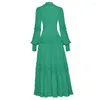 Casual Dresses Pleated Stand Collar Lantern Sleeve Double Buckled Belt Frills Single-Breasted Button Closure Green Maxi Shirt Dress S - XXL