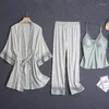 Accueil Vêtements Satin Vêtements de Nuit Femmes 3 PCS Pyjama Ensemble Rayé Peignoir D'été Intime Lingerie Dentelle Vêtements De Nuit Kimono Robe Lounge Wear