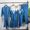 Roupas domésticas roupas de dormir mulheres 5pcs conjunto de pijamas sedosas terno kimono banheira vestido de arco de renda sexy pijamas casual cetim roupas lingerie