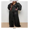 Pants Plus Size Women Casual Jumpsuits Elegant High Waist Belt Wide Leg Rompers Long Sleeves Lapel Playsuit