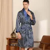 Men's Sleepwear Two-Pieces Silk Nightgown Satin Male Loose Silky Blue White Striped Long Sleeve Robe And Shorts Bathrobe Set For Men