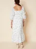 Casual Dresses Summer Women Sweetheart Neck 3/4 Puff Sleeve Vintage Floral Print Smocked Detail Ruffle Hem Elegant Midi