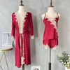 Huiskleding vrouwen kimono jurk 3 stks slaapkleding satijn nachthemd badjas kanten pyjama's set casual intieme lingerie sexy pyjama's loungewear