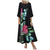 Casual Dresses Plus Size Women Vintage Floral Pattern Long Dress Summer Round Neck Loose Mid Sleeve Ethnic Style