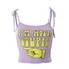 Женские танки связывают урожайные топы Женщины Письмо Печать Purple Cami Baby Tee y2k Симпатичный сексуальный летний танк график.