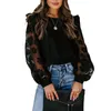 Women's Blouses 2022 Women Fashion Mesh Patchwork Round Neck Long Sleeve Blouse Ladies Lace See-through Flower Puff pullover tops