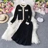 Two Piece Dress High Quality Spring Fall Knit 2 Set Women Office Lady Single Breasted Sweater Cardigan Pleated Long Skirt Suit Sets 220930
