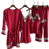 Roupas em casa Branco 5pcs Robe Sey Pijama Mulheres Cetins Sonons Sleepwear Sexy Kimono Bathrobe vestido sedoso