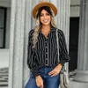 Dames blouses temperament herfst winter revers streep shirts casual lange mouwen losse vest knopen elegante dames kantoorjas