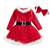 Kjolar 6m-4t småbarn barn baby flickor juldräkt långärmad röd sammet prinsessor päls klänning med bälte barn Santa Xmas gåvor