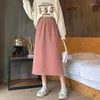 Saias vintage Solid A-line plissada Long Winter Women Corduroy Salia Streetwear Drawstring cintura elástica Midi Skir Split Fork