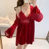 Women's Sleepwear Women 2PCS Sleep Set Kimono Gown Velvet Robe Lace Patchwork Sexy Bathrobe Lounge Wear Perspective Home Clothes