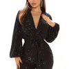 Dames Jumpsuits Rompertjes Tweedelige sets Dames Lovertjes V-hals Lange mouw Hoge taille Bodycon Glanzend Elegant Feest Club Losjes Sexy 220929