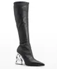 Winter Brands Keira Heels Pop Leather Boots Baraque High Heels Silver-tone Logo Lettering Long Knee Boot Black Stretch Pointed toe Booty EU35-43