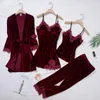 Home Clothing Burgundy Velvet Women 4PCS Pajama Suit Velour Kimono Bathrobe Gown Winter Warm Lace Robe Nightgown Set Lady Sleepwear Lingerie