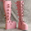Bottes de milieu rose pour femmes Nouvelles boucles d'arrivée 11cm plate-forme solide rond fashion reine punk chaussures grandes taille 35-40 220815