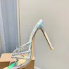 Gianvito Rossi Pantofole a spillo Scarpe con muli Cinturino impreziosito da cristalli Tacco a rocchetto con strass Tacchi Sandali in PVC Calzature di fabbrica Scarpe firmate di lusso da donna