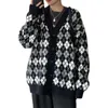 Women's Knits Women's Plaid Sweater Cardigan Long Sleeve V Neck Argyle Loose Knitwear Button Down Ladies Autumn Knitted Coat
