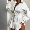 Blouses pour femmes 2022 femmes chemise robe Sexy couleur unie dames col en V profond à manches longues chemises femme décontracté automne robe d'été Streetwear