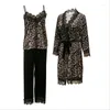 Hemkl￤der Print Leopard Velvet 3st Pyjamas Set Women Sleepwear Sexig Lace Nightgown Casual Bathrobe Autumn Winter Sleep Homewear