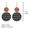 Dangle Earrings BOHO Pattern Feather Print Cork Leather Circle For Women Herringbone With Wood Top Boutique Jewelry