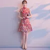 Sukienki swobodne chińskie tradycyjne druk kwiat Cheongsam Klasyczny ręcznie robiony guzik Qipao azjatycka elegancka sukienka satynowa szczupłe vestidos