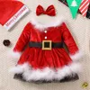 소녀 드레스 유아 아이 아기 크리스마스 의상 크리스마스 파티 양털 양털 복장 긴 소매 산타 공주와 머리띠 옷 의상 의상