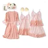 Home Clothing Sexy Pajamas Set Women Sleepwear Patchwork Satin Nightwear Kimono Bathrobe Gown With Lace Loose PJS Lounge Wear Clothes