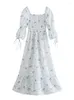 Casual Dresses Summer Women Sweetheart Neck 3/4 Puff Sleeve Vintage Floral Print Smocked Detail Ruffle Hem Elegant Midi