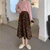 Spódnice vintage kwiatowy nadruk A-line plisowane długie jesienne kobiety sztrutowe spódnica streetwear sznurka elastyczna talia midi skir