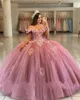 Tulle Gown Ball Pink Glitter Quinceanera Dresses 3D Floral Flowers Off The Shoulder Appliques Princess Sweet 15 16 Dress Prom Graduation