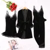 Home Clothing Autumn Velvet 4PCS Sleep Set Women Nightwear Sexy Lace Pajamas Casual Soft Kimono Robe Gown Sleepwear Loose Homewear