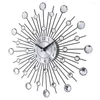 Wall Clocks 33cm Silver Crystal Diamond Beaded Jewelry Round Sunburst Metal Clock For Household Living Room Bedroom Decoration Ornament